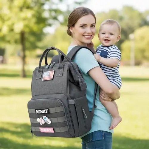 QWREOIA Diaper Bag Backpack for Dad and Mom with USB Charging Port Stroller Straps and Insulated Pocket,army military Travel Nappy Backpack (Dark Grey) - QWREOIA