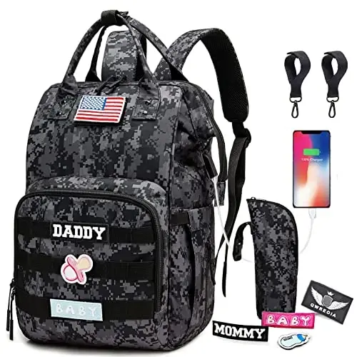 QWREOIA Camo Diaper Bag Backpack for Dad and Mom with USB Charging Port Stroller Straps and Insulated Pocket,army military Travel Nappy Backpack (DADDY and MOMMY patches) - QWREOIA