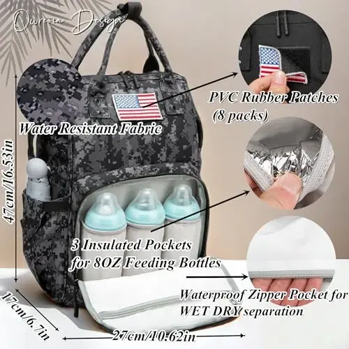 QWREOIA Camo Diaper Bag Backpack for Dad and Mom with USB Charging Port Stroller Straps and Insulated Pocket,army military Travel Nappy Backpack (DADDY and MOMMY patches) - 2