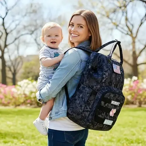 QWREOIA Camo Diaper Bag Backpack for Dad and Mom with USB Charging Port Stroller Straps and Insulated Pocket,army military Travel Nappy Backpack (DADDY and MOMMY patches) - 1