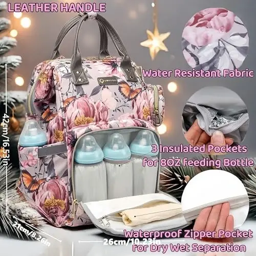 QWREOIA Floral Diaper Bag Backpack with Coin Bag USB Charging Port Stroller Straps and Insulated Pocket,Travel Nappy Backpack For Women/Mom (Grey Pink Flower Pattern) - 2