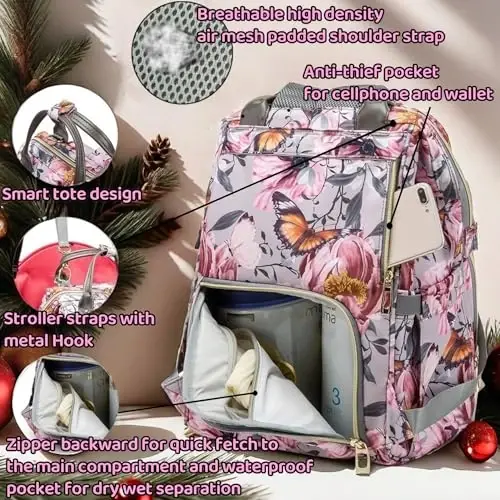 QWREOIA Floral Diaper Bag Backpack with Coin Bag USB Charging Port Stroller Straps and Insulated Pocket,Travel Nappy Backpack For Women/Mom (Grey Pink Flower Pattern) - 4