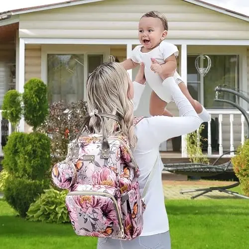 QWREOIA Floral Diaper Bag Backpack with Coin Bag USB Charging Port Stroller Straps and Insulated Pocket,Travel Nappy Backpack For Women/Mom (Grey Pink Flower Pattern) - 5