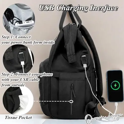 QWREOIA Dad va Ona uchun USB zaryadlash porti, aravachalar uchun kamarlar va izolyatsiya qilingan cho'ntak bilan bolalar bezi sumkasi orqa sumkasi, armiya harbiy sayohat uchun bolalar bezi orqa sumkasi Dad / Ona uchun (Qora) - 3