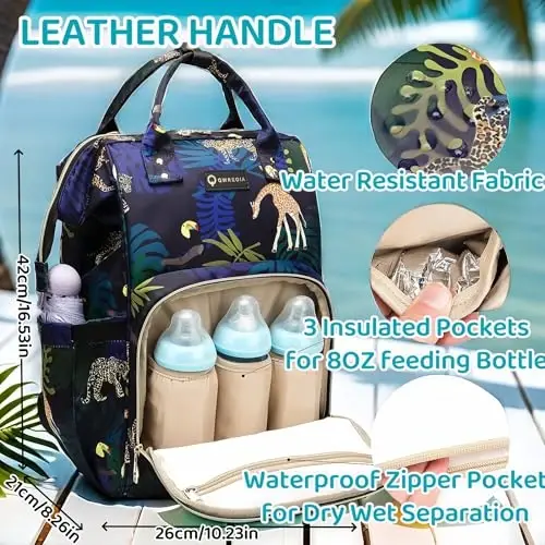 QWREOIA Diaper Bag Backpack, Animal Print Travel Nappy Bag with USB Charging Port Stroller Straps and Insulated Pocket For Women/Mum (Animal Print Pattern) - 3