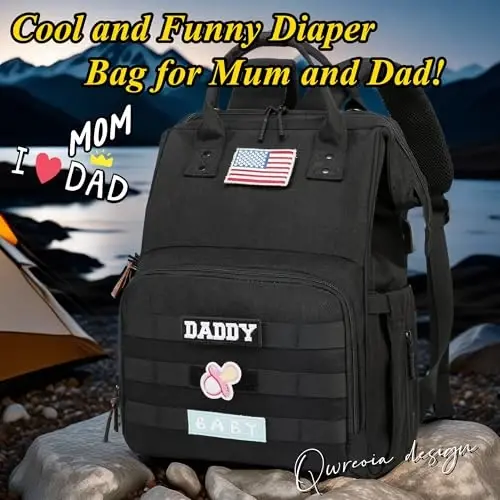 QWREOIA Diaper Bag Backpack for Dad and Mom with USB Charging Port Stroller Straps and Insulated Pocket, army military Travel Nappy Backpack for Daddy/Mommy (Black) - 5