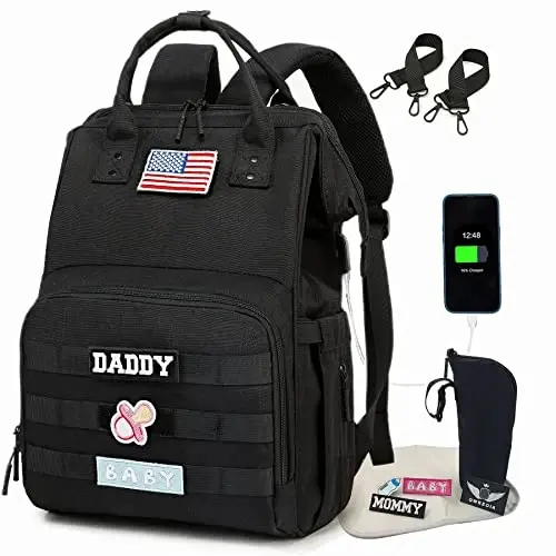 QWREOIA Diaper Bag Backpack for Dad and Mom with USB Charging Port Stroller Straps and Insulated Pocket, army military Travel Nappy Backpack for Daddy/Mommy (Black) - 6