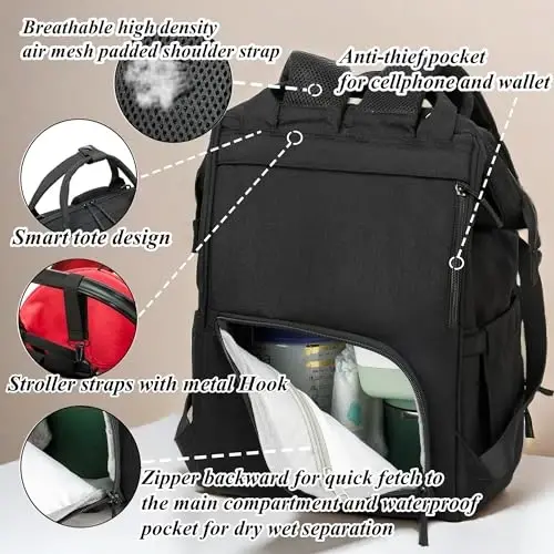 QWREOIA Diaper Bag Backpack for Dad and Mom with USB Charging Port Stroller Straps and Insulated Pocket, army military Travel Nappy Backpack for Daddy/Mommy (Black) - 4