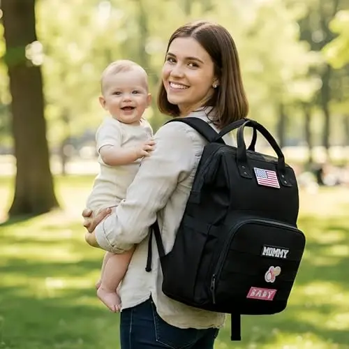 QWREOIA Diaper Bag Backpack for Dad and Mom with USB Charging Port Stroller Straps and Insulated Pocket, army military Travel Nappy Backpack for Daddy/Mommy (Black) 