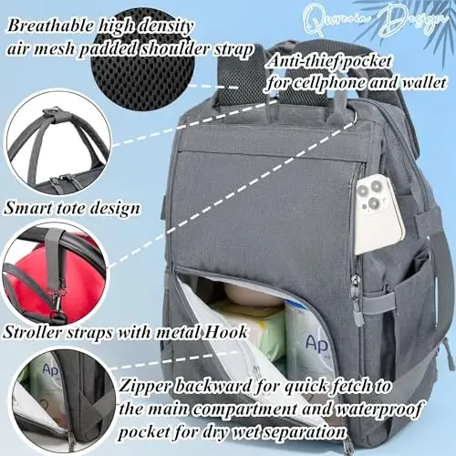 QWREOIA Diaper Bag Backpack for Dad and Mom with USB Charging Port Stroller Straps and Insulated Pocket,army military Travel Nappy Backpack (Dark Grey) 