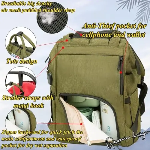 QWREOIA Diaper Bag Backpack for Dad and Mom with USB Charging Port Stroller Straps and Insulated Pocket,army military Travel Nappy Backpack for daddy mommy (Green) - 4
