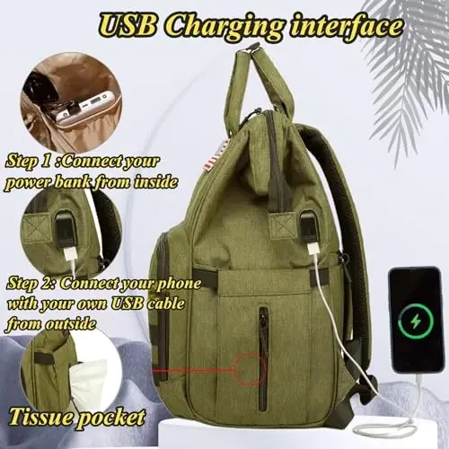 QWREOIA Diaper Bag Backpack for Dad and Mom with USB Charging Port Stroller Straps and Insulated Pocket,army military Travel Nappy Backpack for daddy mommy (Green) - 5