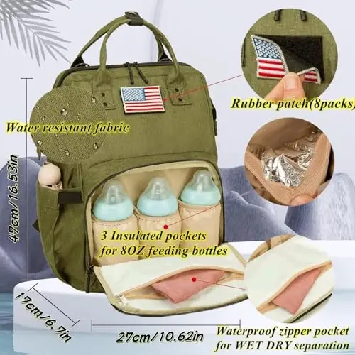 QWREOIA Diaper Bag Backpack for Dad and Mom with USB Charging Port Stroller Straps and Insulated Pocket,army military Travel Nappy Backpack for daddy mommy (Green) 