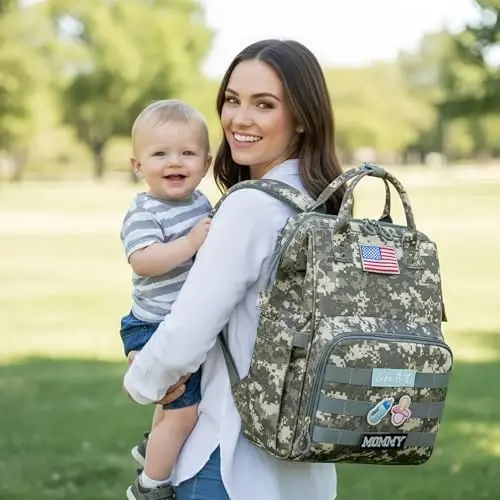 QWREOIA Diaper Bag Backpack for Dad and Mom with USB Charging Port Stroller Straps and Insulated Pocket,army military Travel Nappy Backpack for Daddy/Mommy (Camo) 