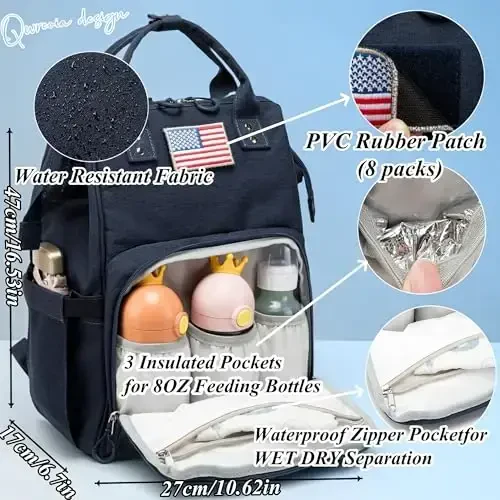 QWREOIA Diaper Bag Backpack for Dad and Mom with USB Charging Port Stroller Straps and Insulated Pocket,army military Travel Nappy Backpack for Daddy/Mommy (Navy) - 2