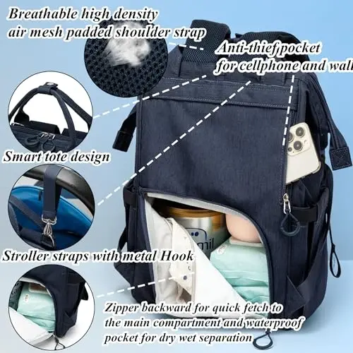 QWREOIA Diaper Bag Backpack for Dad and Mom with USB Charging Port Stroller Straps and Insulated Pocket,army military Travel Nappy Backpack for Daddy/Mommy (Navy) - 5