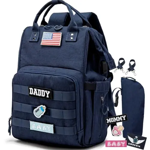 QWREOIA Diaper Bag Backpack for Dad and Mom with USB Charging Port Stroller Straps and Insulated Pocket,army military Travel Nappy Backpack for Daddy/Mommy (Navy) 