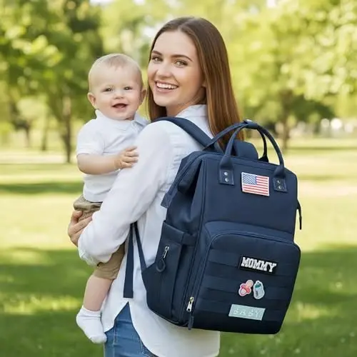 QWREOIA Diaper Bag Backpack for Dad and Mom with USB Charging Port Stroller Straps and Insulated Pocket,army military Travel Nappy Backpack for Daddy/Mommy (Navy) 