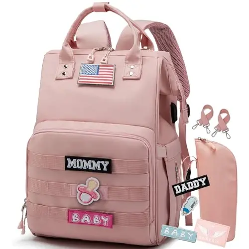 QWREOIA Diaper Bag Backpack for Dad and Mom with USB Charging Port Stroller Straps and Insulated Pocket,army military Travel Nappy Backpack for Daddy/Mommy (Pink) - QWREOIA (1)
