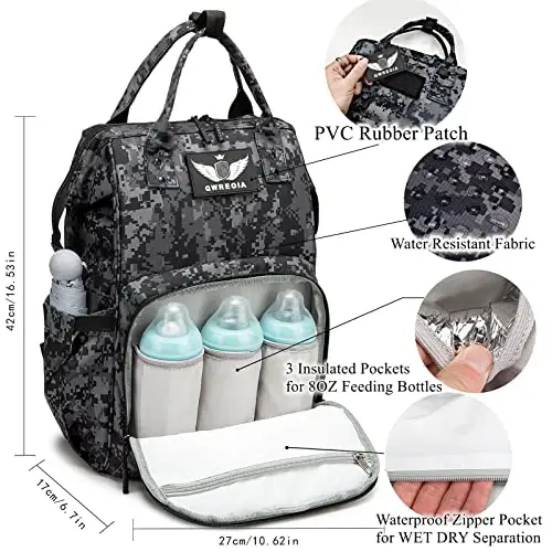 QWREOIA Diaper Bag Backpack with USB Charging Port Stroller Straps and Insulated Pocket,army military Travel Nappy Backpack for Dad/Mom (Black Camo) - 2