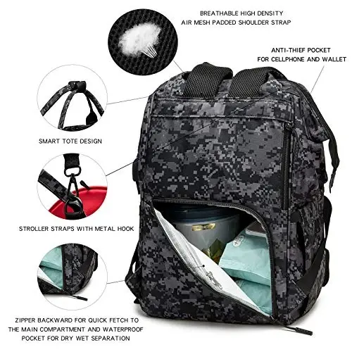 QWREOIA Diaper Bag Backpack with USB Charging Port Stroller Straps and Insulated Pocket,army military Travel Nappy Backpack for Dad/Mom (Black Camo) - 4
