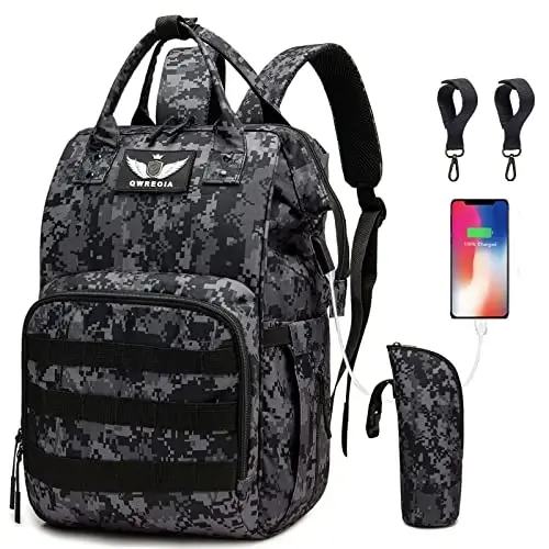 QWREOIA Diaper Bag Backpack with USB Charging Port Stroller Straps and Insulated Pocket,army military Travel Nappy Backpack for Dad/Mom (Black Camo) 