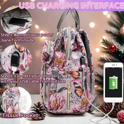 QWREOIA Floral Diaper Bag Backpack with Coin Bag USB Charging Port Stroller Straps and Insulated Pocket,Travel Nappy Backpack For Women/Mom (Grey Pink Flower Pattern) - 3
