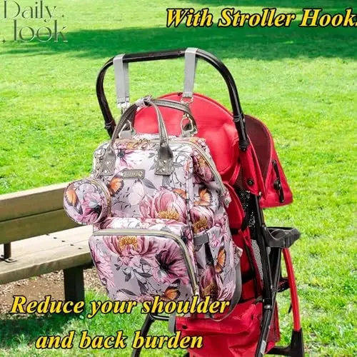 QWREOIA Floral Diaper Bag Backpack with Coin Bag USB Charging Port Stroller Straps and Insulated Pocket,Travel Nappy Backpack For Women/Mom (Grey Pink Flower Pattern) - 6
