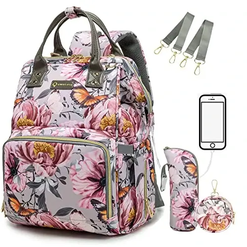 QWREOIA Floral Diaper Bag Backpack with Coin Bag USB Charging Port Stroller Straps and Insulated Pocket,Travel Nappy Backpack For Women/Mom (Grey Pink Flower Pattern) - 1