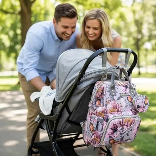 QWREOIA Floral Diaper Bag Backpack with Coin Bag USB Charging Port Stroller Straps and Insulated Pocket,Travel Nappy Backpack For Women/Mom (Grey Pink Flower Pattern) - 2