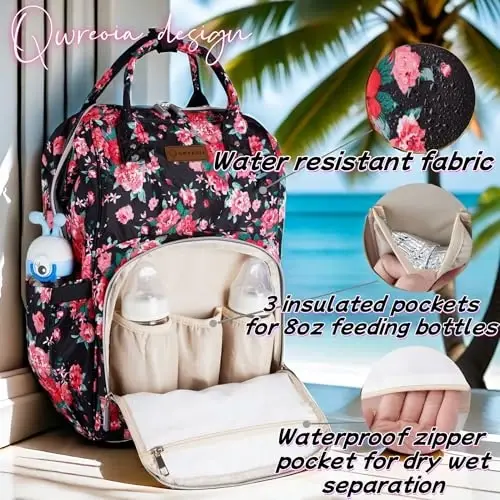 QWREOIA Floral Diaper Bag Backpack with USB Charging Port Stroller Straps and Insulated Pocket, Travel Bag Nappy Backpack For Women/Mum (Red Flower Pattern) - 2