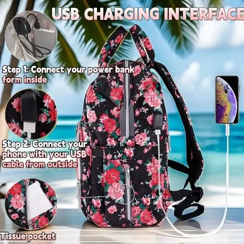 QWREOIA Floral Diaper Bag Backpack with USB Charging Port Stroller Straps and Insulated Pocket, Travel Bag Nappy Backpack For Women/Mum (Red Flower Pattern) - 3