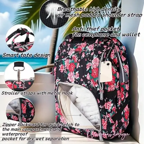 QWREOIA Floral Diaper Bag Backpack with USB Charging Port Stroller Straps and Insulated Pocket, Travel Bag Nappy Backpack For Women/Mum (Red Flower Pattern) - 4
