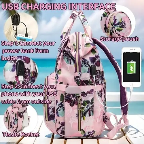 QWREOIA Floral Diaper Bag Backpack with USB Charging Port Stroller Straps and Insulated Pocket,Travel Bag Nappy Backpack For Women/Mum (Rose Flower Pattern) - 3