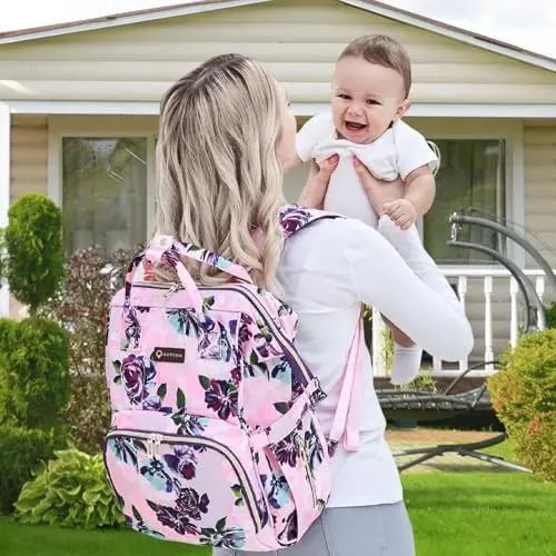QWREOIA Floral Diaper Bag Backpack with USB Charging Port Stroller Straps and Insulated Pocket,Travel Bag Nappy Backpack For Women/Mum (Rose Flower Pattern) - 5