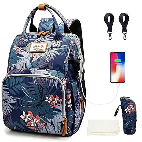 QWREOIA Floral Diaper Bag Backpack with USB Charging Port Stroller Straps and Insulated Pocket,Travel Nappy BackpackFor Women/Mum (Flower Pattern) - 1