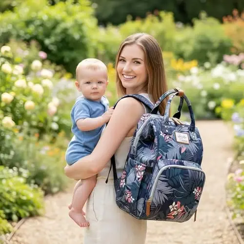 QWREOIA Floral Diaper Bag Backpack with USB Charging Port Stroller Straps and Insulated Pocket,Travel Nappy BackpackFor Women/Mum (Flower Pattern) - 1