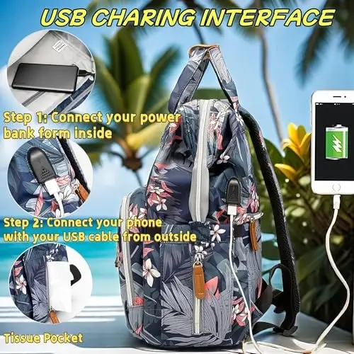 QWREOIA Floral Diaper Bag Backpack with USB Charging Port Stroller Straps and Insulated Pocket,Travel Nappy BackpackFor Women/Mum (Flower Pattern) - 4