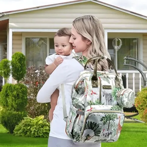 QWREOIA Tropical Rainforest Diaper Bag Backpack,Animal Nappy Backpack with Coin Bag USB Charging Port Stroller Straps and Insulated Pocket For Women/Mom/Travel (Animal Pattern) - 5
