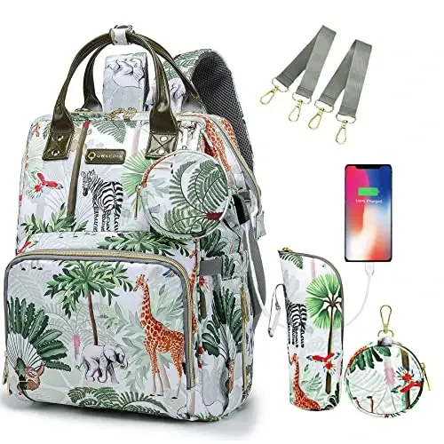 QWREOIA Tropical Rainforest Diaper Bag Backpack,Animal Nappy Backpack with Coin Bag USB Charging Port Stroller Straps and Insulated Pocket For Women/Mom/Travel (Animal Pattern) - QWREOIA (1)