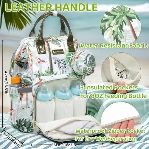 QWREOIA Tropical Rainforest Diaper Bag Backpack,Animal Nappy Backpack with Coin Bag USB Charging Port Stroller Straps and Insulated Pocket For Women/Mom/Travel (Animal Pattern) - 3