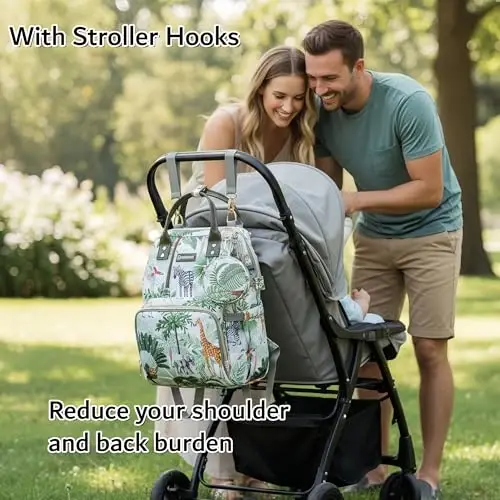 QWREOIA Tropical Rainforest Diaper Bag Backpack,Animal Nappy Backpack with Coin Bag USB Charging Port Stroller Straps and Insulated Pocket For Women/Mom/Travel (Animal Pattern) 