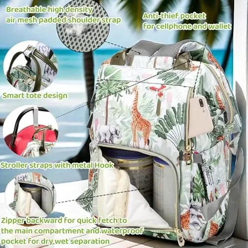 QWREOIA Tropical Rainforest Diaper Bag Backpack,Animal Nappy Backpack with Coin Bag USB Charging Port Stroller Straps and Insulated Pocket For Women/Mom/Travel (Animal Pattern) - 4