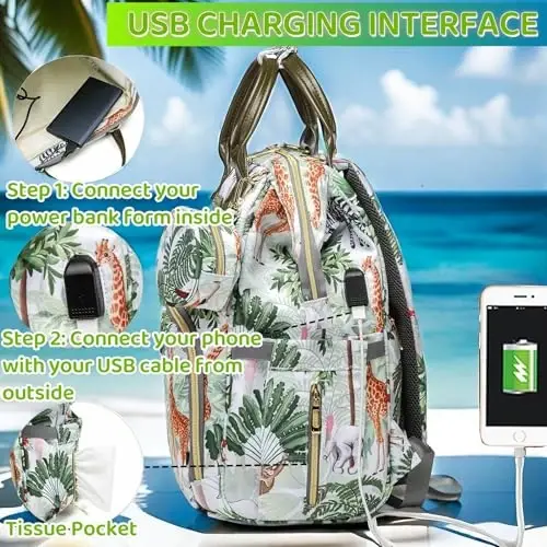 QWREOIA Tropical Rainforest Diaper Bag Backpack,Animal Nappy Backpack with Coin Bag USB Charging Port Stroller Straps and Insulated Pocket For Women/Mom/Travel (Animal Pattern) - 4