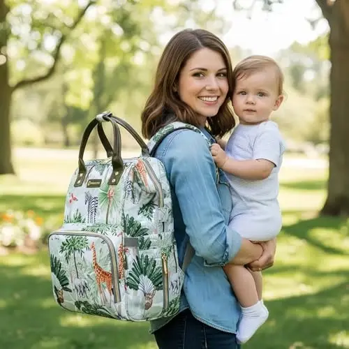 QWREOIA Tropical Rainforest Diaper Bag Backpack,Animal Nappy Backpack with Coin Bag USB Charging Port Stroller Straps and Insulated Pocket For Women/Mom/Travel (Animal Pattern) - 1