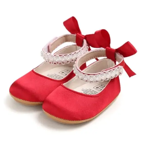 QWZban Baby Shoes Mary Jane Flats Non Slip Soft Sole Infant Toddler Sneakers First Walkers Party Christmas Dress Shoes - 1