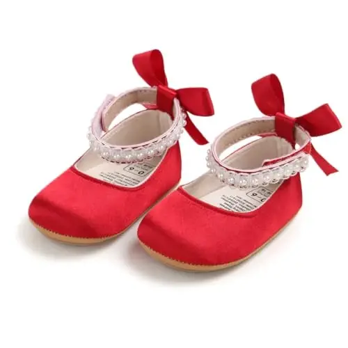 QWZban Baby Shoes Mary Jane Flats Non Slip Soft Sole Infant Toddler Sneakers First Walkers Party Christmas Dress Shoes - 6