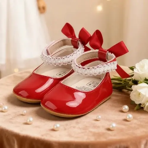 QWZban Baby Shoes Mary Jane Flats Non Slip Soft Sole Infant Toddler Sneakers First Walkers Party Christmas Dress Shoes - 3