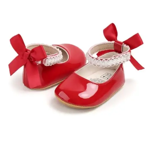 QWZban Baby Shoes Mary Jane Flats Non Slip Soft Sole Infant Toddler Sneakers First Walkers Party Christmas Dress Shoes - 5