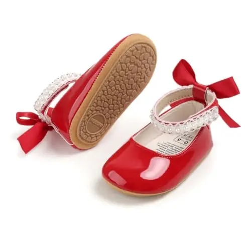 QWZban Baby Shoes Mary Jane Flats Non Slip Soft Sole Infant Toddler Sneakers First Walkers Party Christmas Dress Shoes - 6